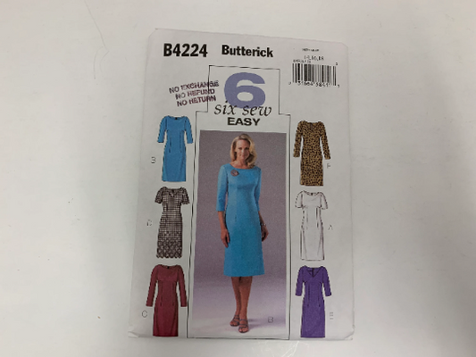 Butterick Sewing Pattern B4224 Misses'/Misses' Petite Dress, Long/Short Sleeves, 6 Variations, Slit, Zipper, Darts, Below Knee, Size 14-18, Cut, 2004