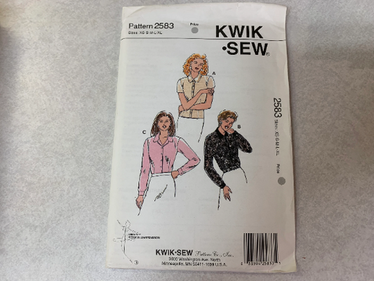KWIK Sewing Pattern 2583 Misses' Blouses, Close-Fitting, Long/Short Sleeves, Button Front, Darts, Collar, Cuffs, Size XS-XL, Uncut, Vintage 1996
