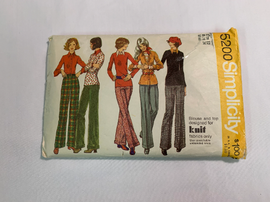 Simplicity Sewing Pattern 5200 Misses' Shirt, Top, Pants, Long Sleeves, Collar, 5 Variations, Zipper, Button Front, Size 12, Cut, Vintage 1972