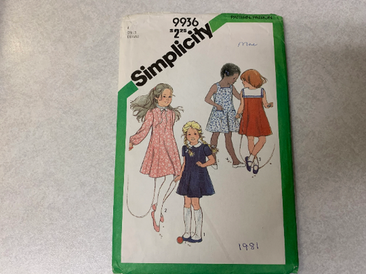 Simplicity Sewing Pattern 9936 Child's Dress, Long/Short Sleeves, Sleeveless, Zipper, Sailor Collar, Pockets, Size 4, Uncut, Vintage 1981