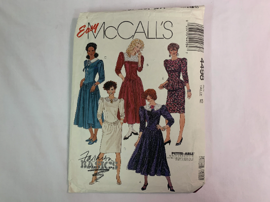 McCall's Sewing Pattern 4498 Misses' Dress, Pockets, Shoulder Pads, Long/Short Sleeves, 5 Styles, Neckline Variations, Size 12, Cut, Vintage 1989