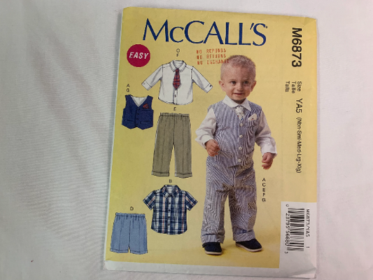 McCall's Sewing Pattern M6873 Infants' Lined Vest, Shirts, Shorts, Pants, Tie, Pocket Square, Boys, Collar. Size NB-X-L, Cut. 2014