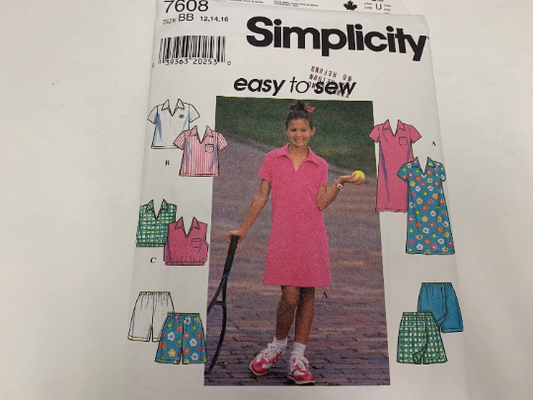 Simplicity Sewing Pattern 7608 Girls' Dress, Top, Shorts, Sleeveless, Short Sleeves, Elastic Waist, Pockets, Collar, V-Neck, Size 12-16, Cut, Vintage 1999