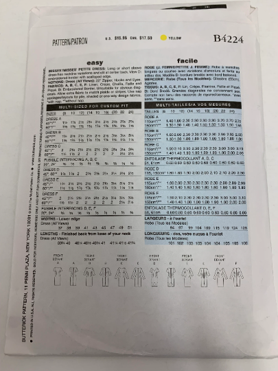 Butterick Sewing Pattern B4224 Misses'/Misses' Petite Dress, Long/Short Sleeves, 6 Variations, Slit, Zipper, Darts, Below Knee, Size 14-18, Cut, 2004