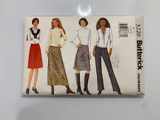 Butterick Sewing Pattern 3220 Misses'/Miss Petite Skirt, Pants, A-Line, Two Lengths, Boot-Legged, Contoured Waist, Zipper, Darts, Size 12, Cut, 2001