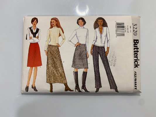 Butterick Sewing Pattern 3220 Misses'/Miss Petite Skirt, Pants, A-Line, Two Lengths, Boot-Legged, Contoured Waist, Zipper, Darts, Size 12, Cut, 2001