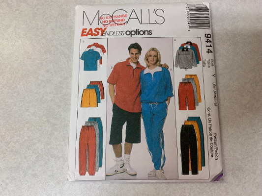 McCall's Sewing Pattern 9414 Misses'/Men's Unisex Tops, Pull-On Pants/Shorts, Pockets, Drawstring, Pullover, Zipper, Size 34-44, Cut, Vintage 1998