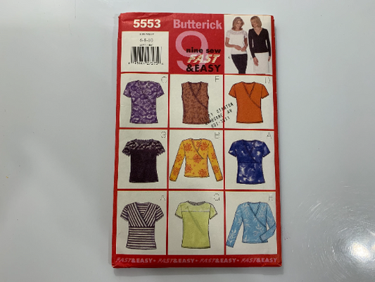 Butterick Sewing Pattern 5553 Misses' Top, Pullover, Nine Variations, Long/Short Sleeves, Sleeveless, Close-Fitting, Wrap, Size 6-10, Cut, Vintage 1998
