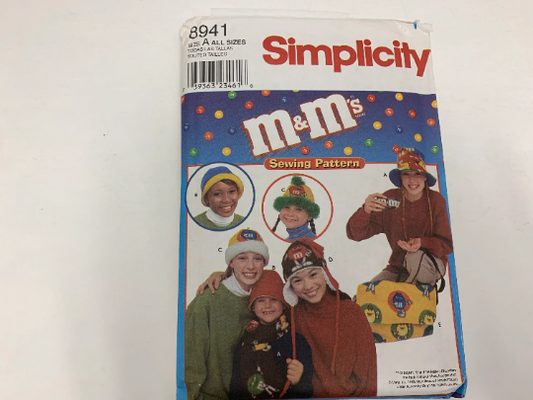 Simplicity Sewing Pattern 8941 Misses'/Childs Hats, Scarf, Shoulder Bag, M & M'sTheme, Brim, Lined, Ties, Ear Flaps, All Sizes, Uncut, Vintage 1999