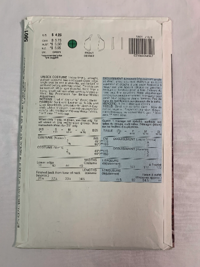 Butterick Sewing Pattern 5801 Adult Unisex Caveman/Women Costume, Loose-Fitting, Pullover, Tie Belt, Straight, Size 6-18, Uncut, Vintage 1987