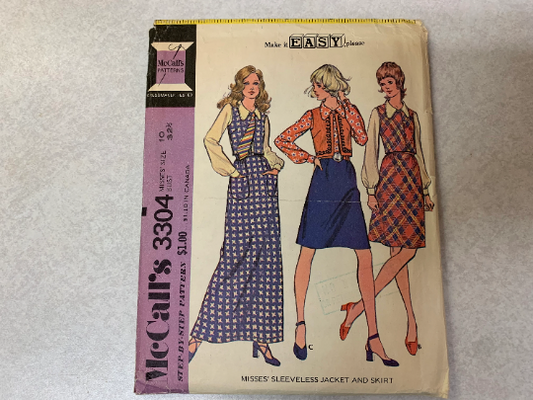 McCall's Sewing Pattern 3304 Misses' Sleeveless Jacket, Skirt, Two Lengths, Front Button, Zipper Back, Pockets, Size 10, Cut, Vintage 1972