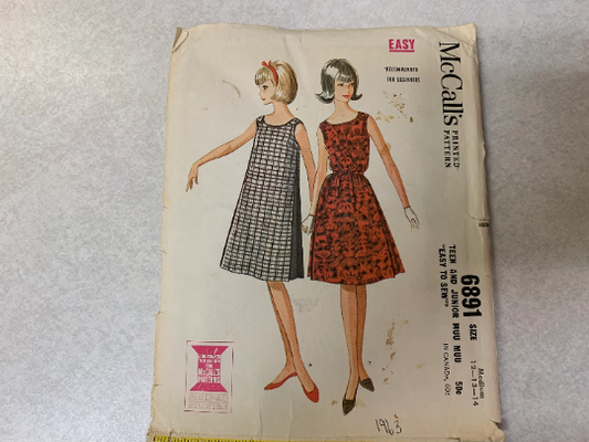 McCall's Sewing Pattern 6891 Misses' Teen, Junior, Muu Muu, Shoulder Buttoned, Pleats, Sleeveless, Below Knee, Size 12-13, Cut, Vintage 1950
