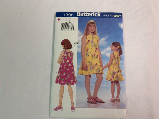 Butterick Sewing Pattern 5566 Girls' Dress, Loose-Fitting, Pullover, Flared Skirt, Tie Ends, Ruffles, Sleeveless, Size 6-8, Uncut, Vintage 1998