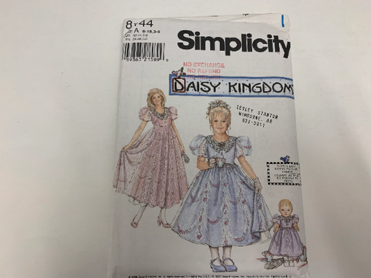 Simplicity Daisy Kingdom Sewing Pattern 8144 Girls' Dress (Size 3-8), Doll Dress 18", Misses' Dress Size 6-18, Short Puffy Sleeves, Zipper, Sash, Uncut, Vintage 1988