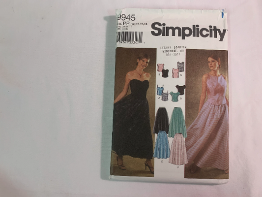 Simplicity Sewing Pattern 9945 Misses' Lined Evening Tops, Full Skirts, Two Lengths, Zipper, Short Sleeves, Sleeveless, Size 12-18, Uncut, 2001