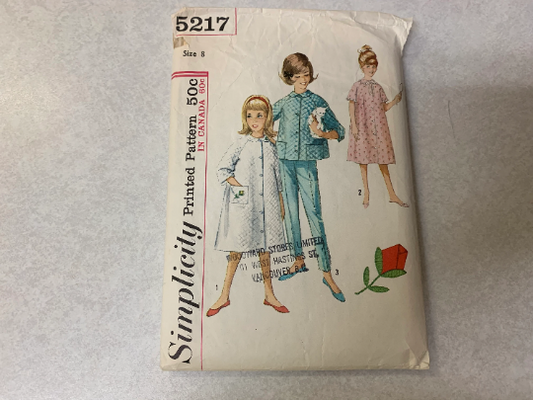 Simplicity Sewing Pattern 5217 Girls' Sleepwear, Housecoat, Pajamas Robe, Top, Pants, Long/Short Sleeves, Pockets, Button Front, Size 8, Cut, Vintage 1950