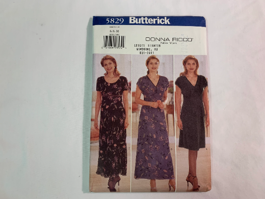 Butterick Sewing Pattern Donna Ricco 5829 Misses' Dress, Lined, Two Lengths, A-line, Zipper, Loose-Fitting, Cap Sleeves, Sleeveless, Size 6-10, Uncut, Vintage 1998