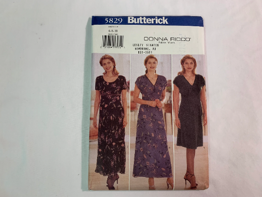 Butterick Sewing Pattern Donna Ricco 5829 Misses' Dress, Lined, Two Lengths, A-line, Zipper, Loose-Fitting, Cap Sleeves, Sleeveless, Size 6-10, Uncut, Vintage 1998