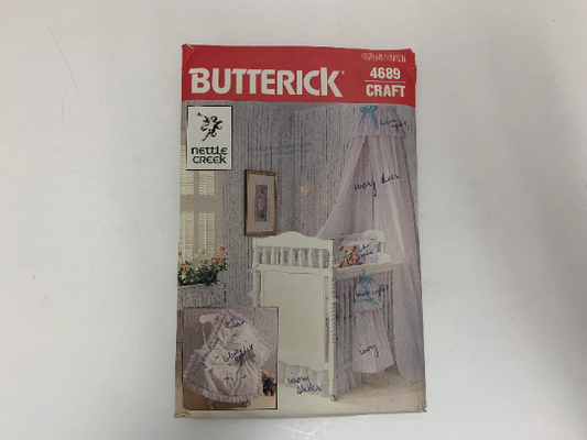 Butterick Sewing Pattern 4689 Baby's Room, Canopy, Dust Ruffle, Coverlet, Change Table Cover, Bumpers, Pillow, Diaper Bag, Uncut, Vintage 1987