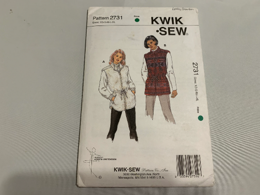KWIK Sewing Pattern 2731 Misses' Vest, Collar, Pockets, Long Back, Lining, Zipper, Teens, Sleeveless, Drawstring Waist, Size XS-XL, Uncut, Vintage 1998