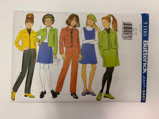 Butterick Sewing Pattern 5100 Girls' Jacket, Jumper, Skirt, Pants, Semi-Fitted, Zipper, Long Sleeves, Pockets, Size 12-14, Cut, Vintage 1997