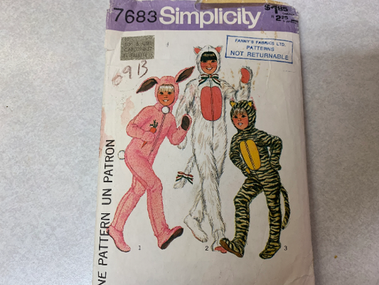Simplicity Sewing Pattern 7683 Boys'/Girls' Rabbit, Tiger, Animal Costumes, Halloween, Dress-up, Jumpsuits, Detachable Head, Size 6, Cut, Vintage 1976