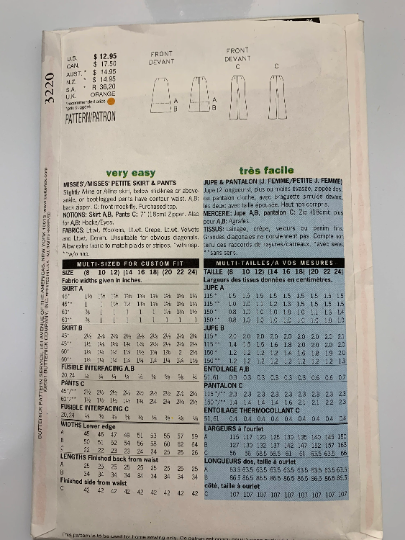 Butterick Sewing Pattern 3220 Misses'/Miss Petite Skirt, Pants, A-Line, Two Lengths, Boot-Legged, Contoured Waist, Zipper, Darts, Size 8-10, Cut, 2001