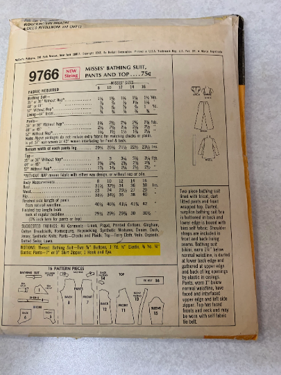 McCall's Sewing Pattern 9766 Misses' Bathing Suit, Fitted Pants, Top, Long Sleeves, Two Piece, Shoulder Straps, Wrap, Size 10, Cut, Vintage 1969