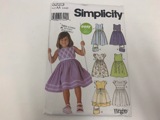 Simplicity Sewing Pattern 5223 Girls' Dress, Trim Variations, Purse, Zipper, Short Sleeves, Sleeveless, Gathered Skirt, Size 3-6, Uncut, 2004