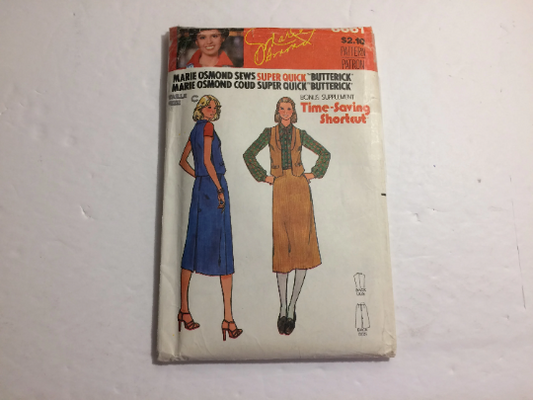 Butterick Sewing Pattern 6661 Misses' Vest and Skirt, Fitted, Collar, A-Line, Mid-Knee, Pockets, Zipper, Super Quick, Size 12-16, Uncut, Vintage 1975