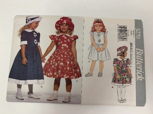 Butterick Sewing Pattern 3270 Girls' Dress, Two Lengths, Collar, Semi-Fitted, Dirndl Skirt, ,Ruffles, Zipper, Tie Ends, Size 2-4, Uncut, Vintage 1994