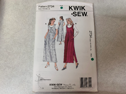 KWIK Sewing Pattern 2734 Misses' Dresses, Jumpers, Two Lengths, Pockets, Round Neckline, Size XS-XL, Uncut, Vintage 1998