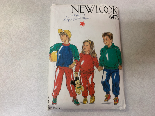 Simplicity New Look Sewing Pattern 6475 Children's/Boy's/Girls' Sweatshirt, Pull-On Pants, Jogging, Hood, Elastic Ankles, Drawstring, Size 3-9, Cut, Vintage 1990