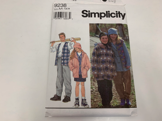 Simplicity Sewing Pattern 9238 Girls' Boys' Pull-On Pants/Shorts, Hooded Top, Elastic Waistband, Pockets, Skirt, Size 7-10, Cut, Vintage 1994