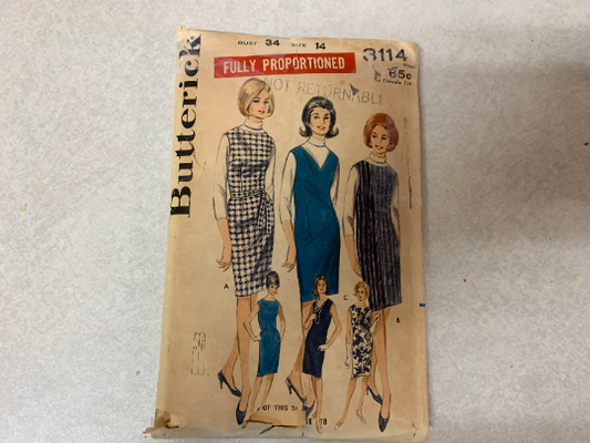 Butterick Sewing Pattern 3114 Misses' Jumper, Dress, Sleeveless, Zipper, Below Knee Length, Round/V Neck, Darts, Tie, Size 14, Cut, Vintage 1970