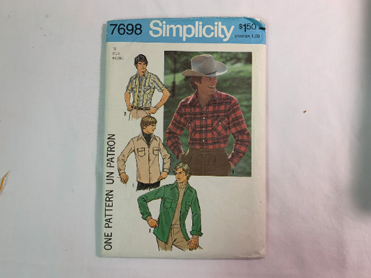 Simplicity Sewing Pattern 7698 Men's, Shirts, Long/Short Sleeves, Pocket, Collar, Button/Snap Front, Cuffs, Size 38, Cut, Vintage 1976