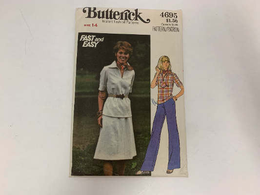 Butterick Sewing Pattern 4695 Misses' Top, Skirt, Pants, Semi-Fitted, Collar, Short Sleeves, Pocket, Elastic Waist, Pull-On, Size 14, Cut, Vintage 1970