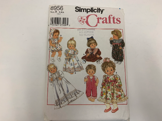 Simplicity Sewing Pattern 8956 Doll Clothes, Three Sizes, Sm 12"-14", Med 16"-18", Lrg 20"-22" Gown, Nightgown, Pants, Romper, Sunsuit, Cut, Vintage 1992