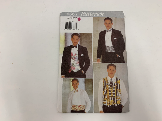 Butterick Sewing Pattern 6663 Men's Vest, Cummerbund, Tie & Bow Tie, Semi-Fitted, Lined, Sleeveless, Front Tucks, Size 30-48, Uncut, Vintage 1995