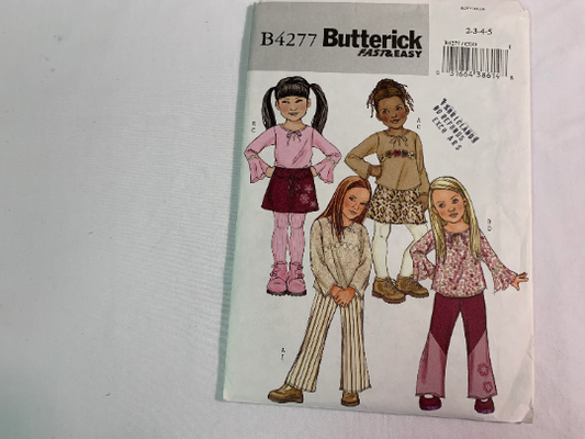 Butterick Sewing Pattern B4277 Girls' Top, Skirt, Pants, Belt, Long Flounce Sleeves, Elastic Waist, Pull-On, 4 Variations, Above Knee, Size 2-5, Uncut, 2004