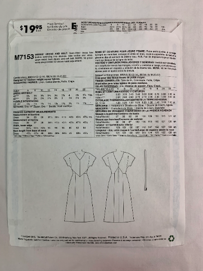McCall's Sewing Pattern M7153 Misses' Dress, Belt, Semi-Fitted, Zipper, Short Cap Sleeves, Below Knee Length, Size 8-14, Cut, 2015