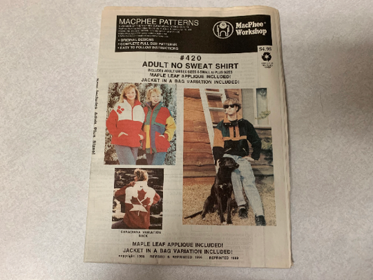 MacPhee Sewing Patterns Adult No Sweat Shirt, Jacket in A Bag 420, Unisex, Unlined, Pockets, Long Sleeves, Elastic Waist, Cuffs, Size XS-L4, Uncut, Vintage 1999