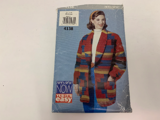 Butterick Sewing Pattern See & Sew 4138 Misses' Jacket, Loose-Fitting, Dropped Shoulders, Shoulder Pads, Pockets, Long Sleeves, Size 20-24, Cut, Vintage 1995