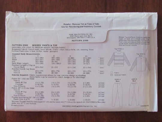KWIK 2086 Misses' Tops, Pants, Size 4-10, Uncut, Vintage 1991