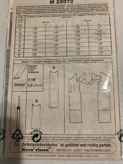 Neue Mode Stil Sewing Pattern 22072, Misses' Dress, Semi-Fitted, Pullover, Two Lengths, Sleeveless, Size 8-10, Cut