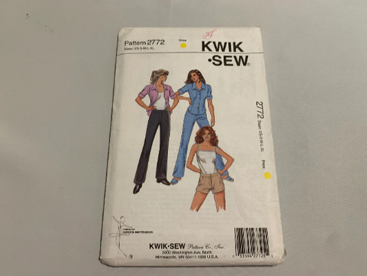 Kwik Sewing Pattern 2772 Misses' Pants, Short & Shirt, Fitted, Zipper, Low Cut Waist, Short Sleeves, Darts, Button Front, Size XS-M, Cut, Vintage 1999