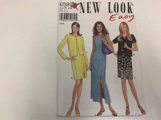 Simplicity New Look Sewing Pattern 6589 Dress, Jacket, Two Lengths, Sleeveless, Slits, Long/Short Sleeves, Zipper, Round Neck, Size 8-18, Uncut, Vintage 1999