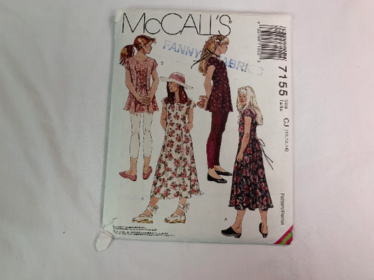 McCall's Sewing Pattern 7155 Girls, Dress, Two Lengths, Pull-On Leggings, Pullover, Flared, Short Cap Sleeves, Size 10-14, Cut, Vintage 1994