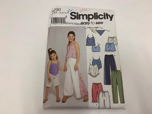 Simplicity Sewing Pattern 9290 Girls' Tops, Pants, Shorts, Scarf, Pullover Halter, Slits, Elastic Waist, Drawstring, Pull-On, Size 7-14, Cut, 2000