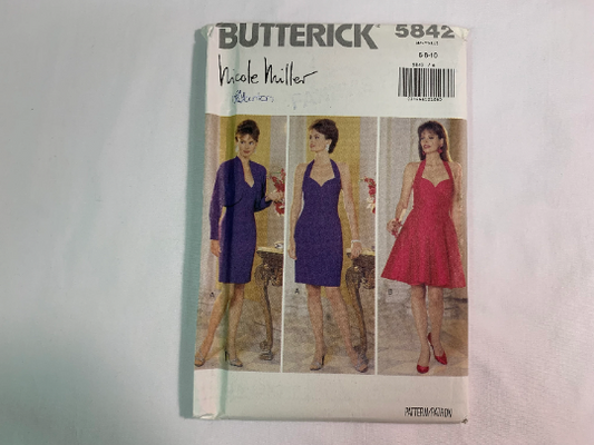 Butterick Sewing Pattern Nicole Miller 5842 Misses' Jacket, Dress Loose-Fitting, Lined, Shoulder Pads, Long Sleeves, Sleeveless, Full Skirt, Size 6-10, Uncut, Vintage 1991